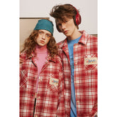 Unisex Jacket Red Plaid Coat Men's and Women's Loose Retro Lapel Couple Jacket